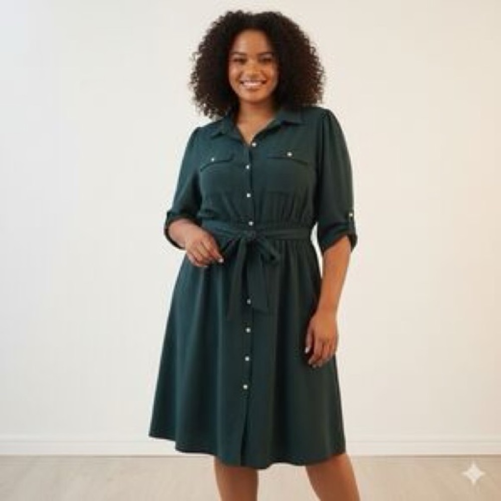 New NAIF Forest Green Button-Front Midi Shirt Dress with Tie Waist